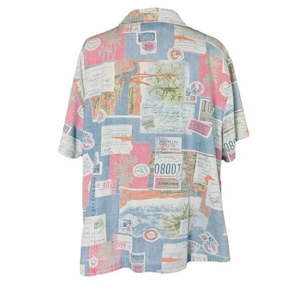 VTG Sag Harbor 2X Short Sleeve Retro Travel Postcard Print Button Shirt Collared - Picture 3 of 5